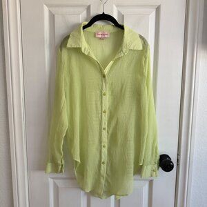 Lisa Says Gah Lime Shirred Textured Sheer Flower Button Up Blouse Size XS